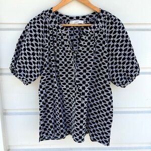 LOFT Embroidered Tie Neck Puff Sleeve Top